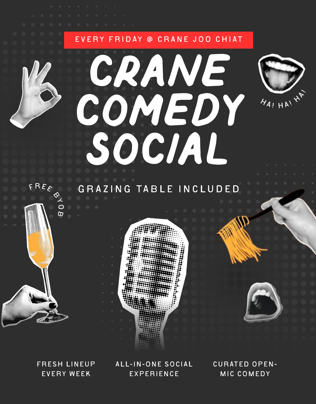 Promotional poster for Crane Comedy Social event with microphone, champagne glasses, food menu and hand gestures on a dark background.