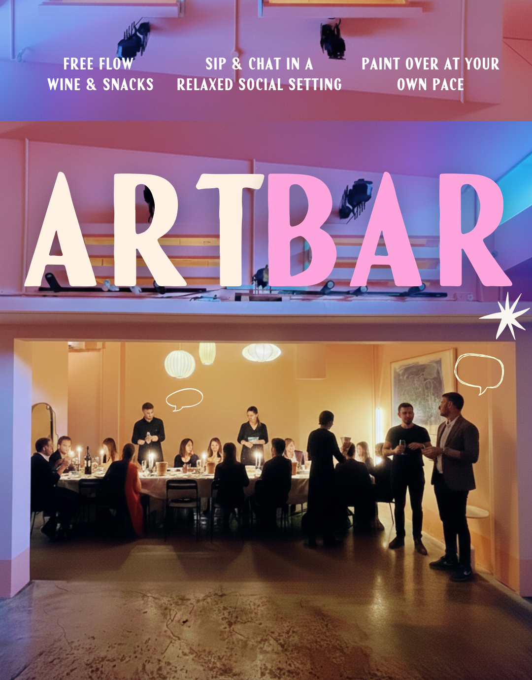 Promotional poster for ArtBar with people socializing and text about free flow, wine &amp; snacks, and a relaxed social setting.