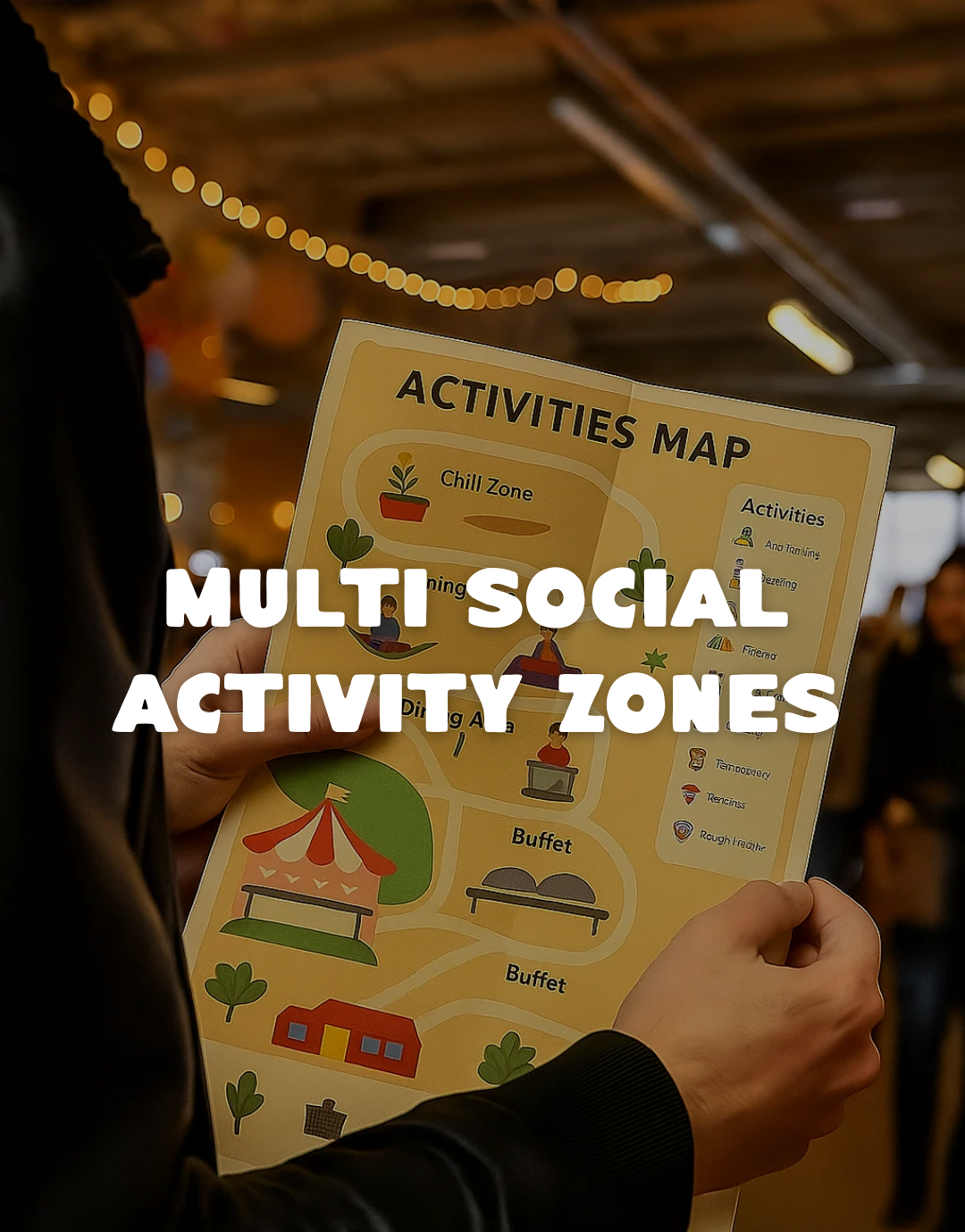 People engaged in various activities in a multi-zone social setting with text overlay.