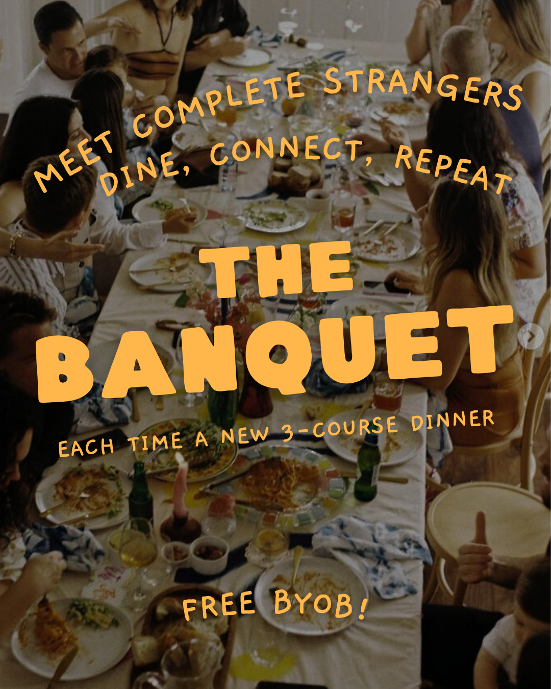 Image 3: People dining together at a table with text overlay about &