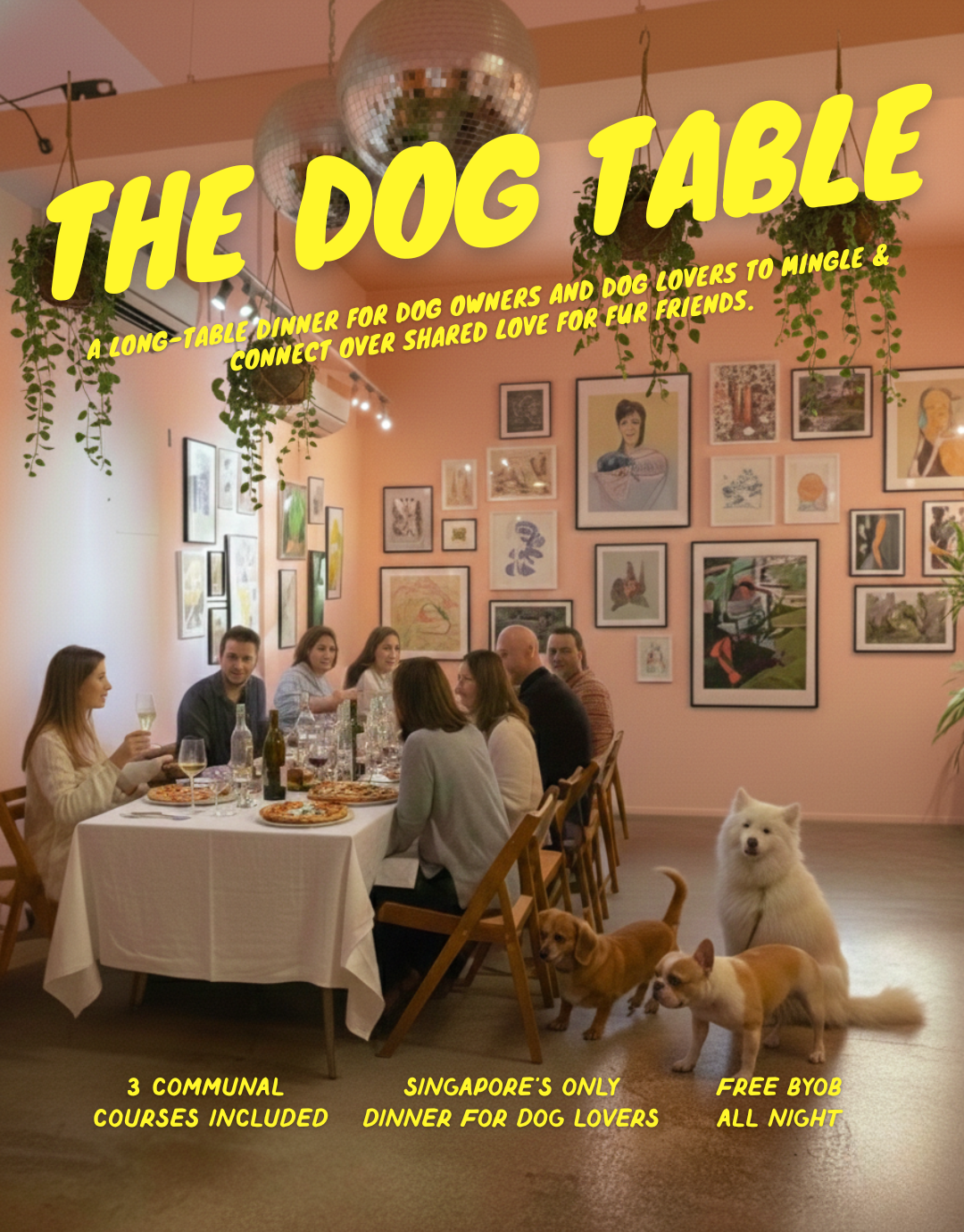People dining with dogs at a table in a room with framed pictures on the wall, featuring &