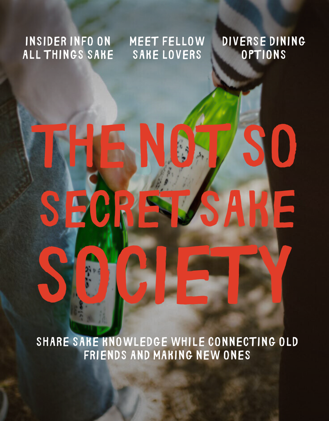 A poster showcasing two people holding their favorite sake bottle heading to an social dining gathering happening in Crane, Singapore